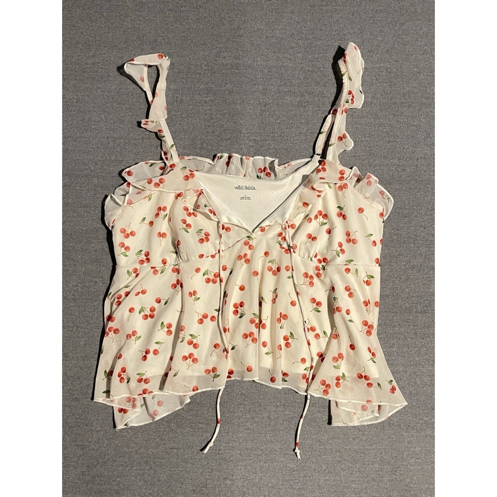 Wild Fable Cherry Print Ruffle Strap Top Cream Red Fruit Print Flowy Blouse